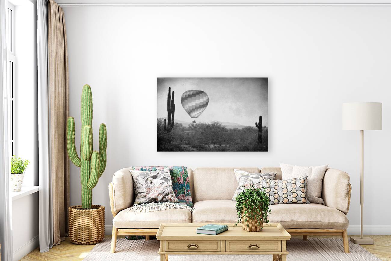 Hot Air Balloon Flight over Southwest Desert BW Fine Art Print   Reproduction