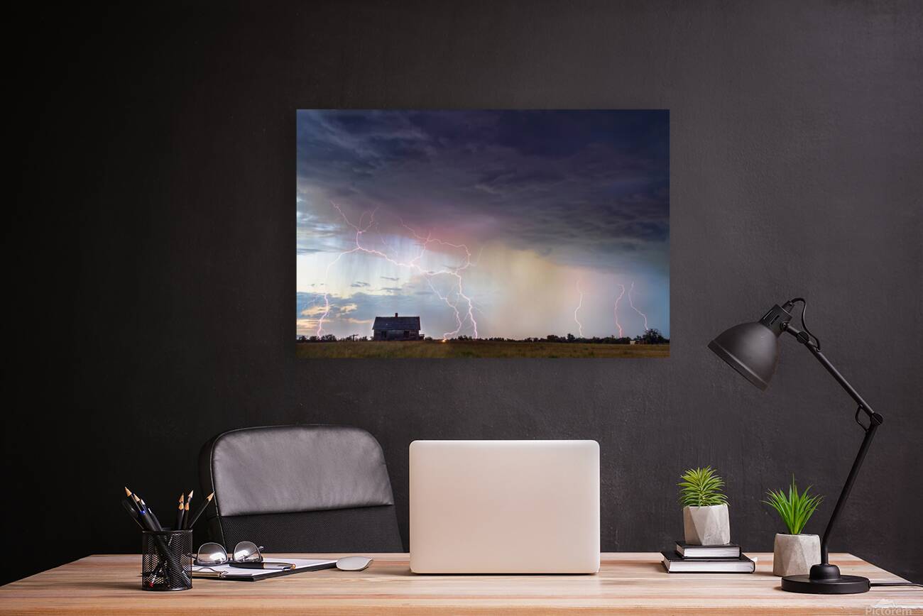 Pink Lightning Storm Multiple Strikes Prairie Farmhouse Reproduction