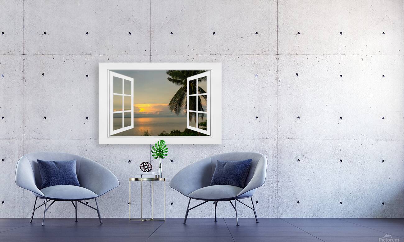 Tropical Sunset White Open Window Frame View Reproduction