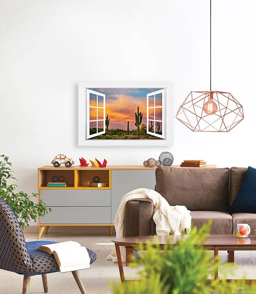 Arizona Saguaro Colorful Sky White Open Window Reproduction