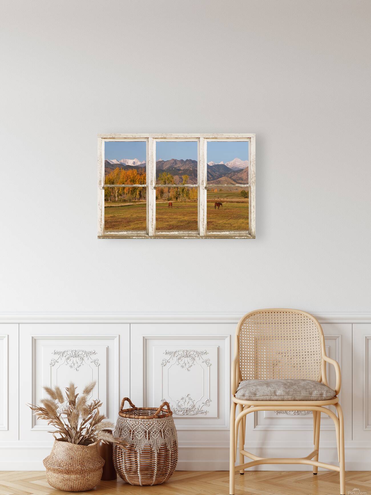 Horses Autumn White Barn Picture Window View Reproduction