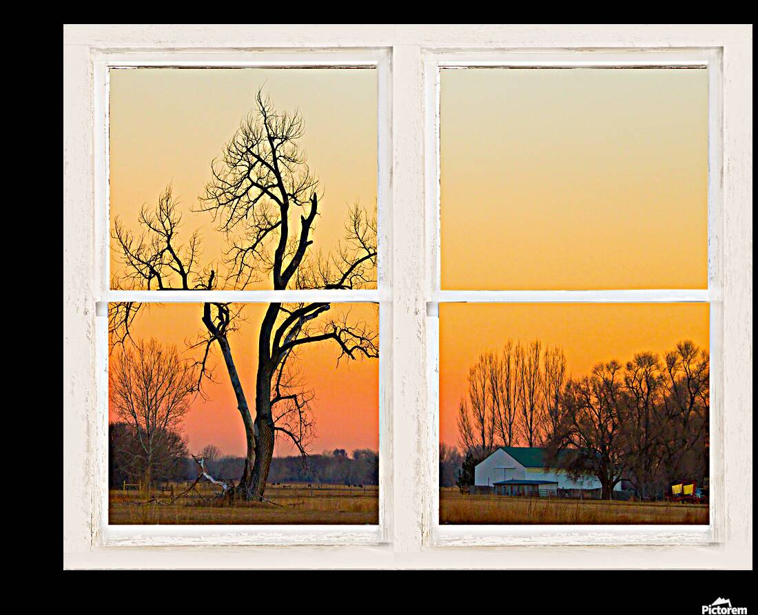 Winter Season Country Sunet White Window View Reproduction