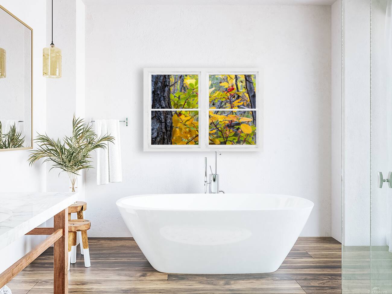 Wild Red Berries Forest Whitewash Picture Window Reproduction