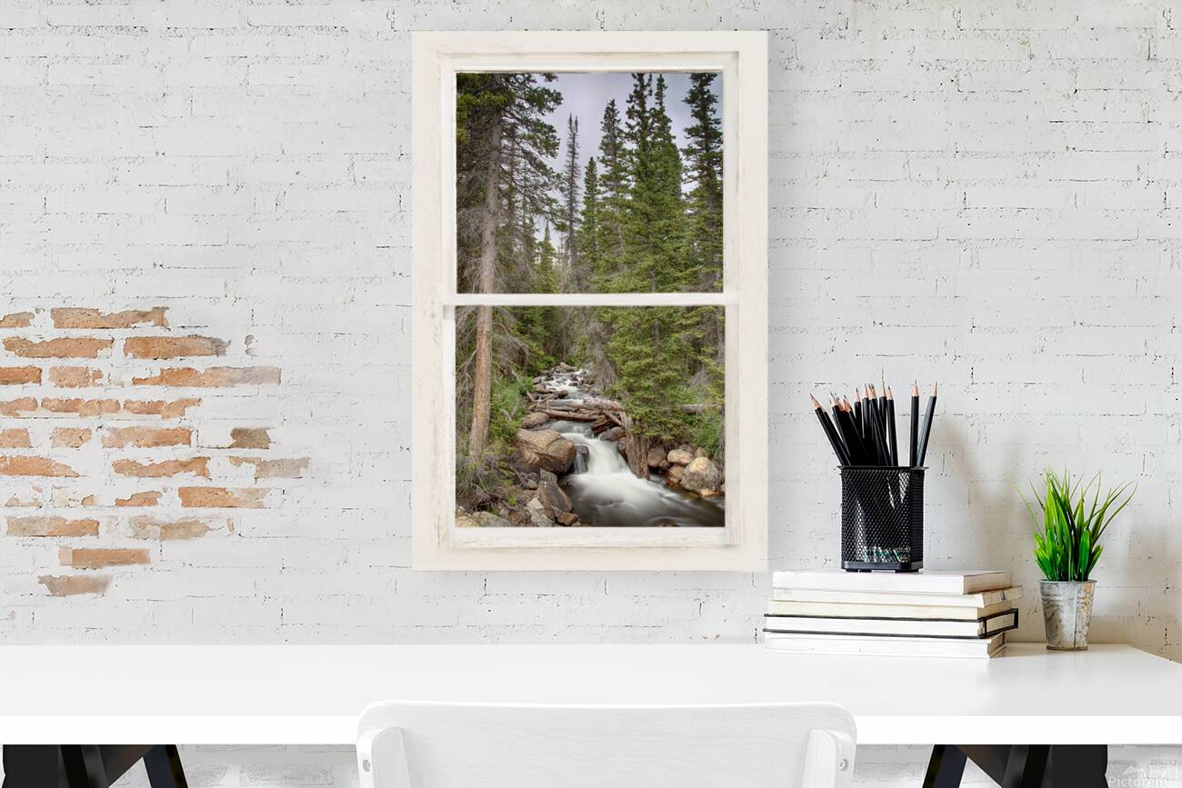 Rocky Mountain Stream White Rustic Window Reproduction