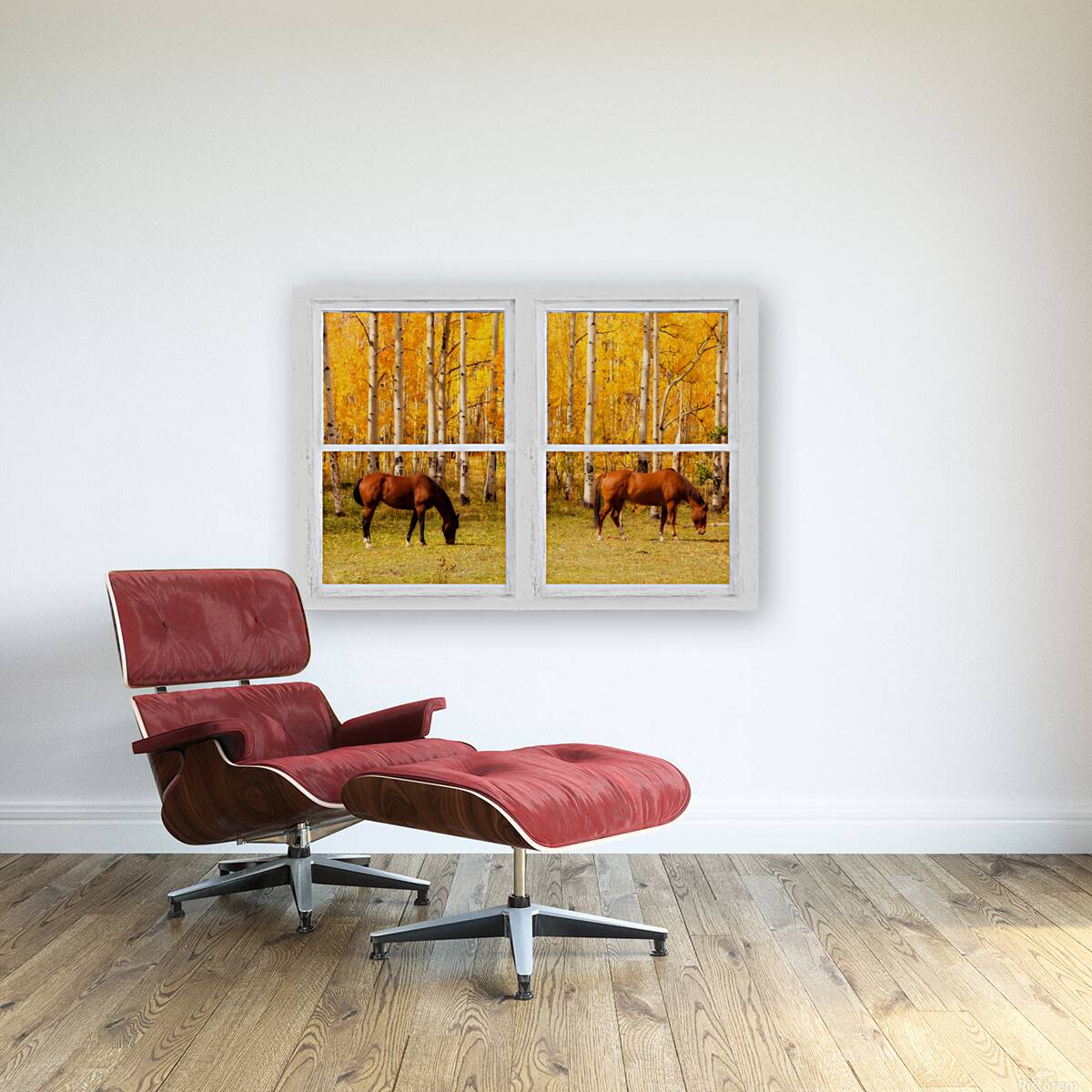 2 Horses Aspen Trees Whitewash Picture Window Reproduction