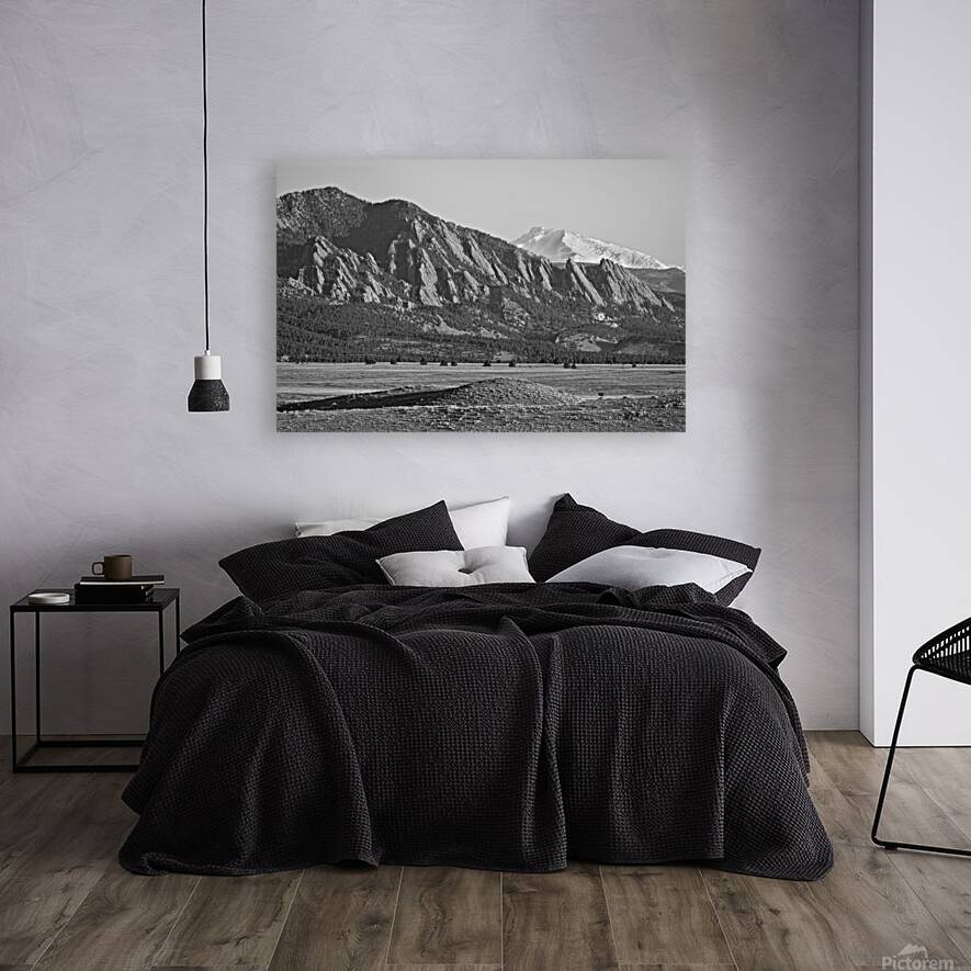 Colorado Rocky Mountains Flatirons Snow Covered Longs Peak BW Reproduction