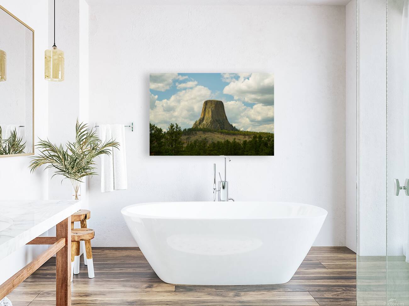 Majestic Devils Tower in Wyoming Amidst Pine Forest Reproduction