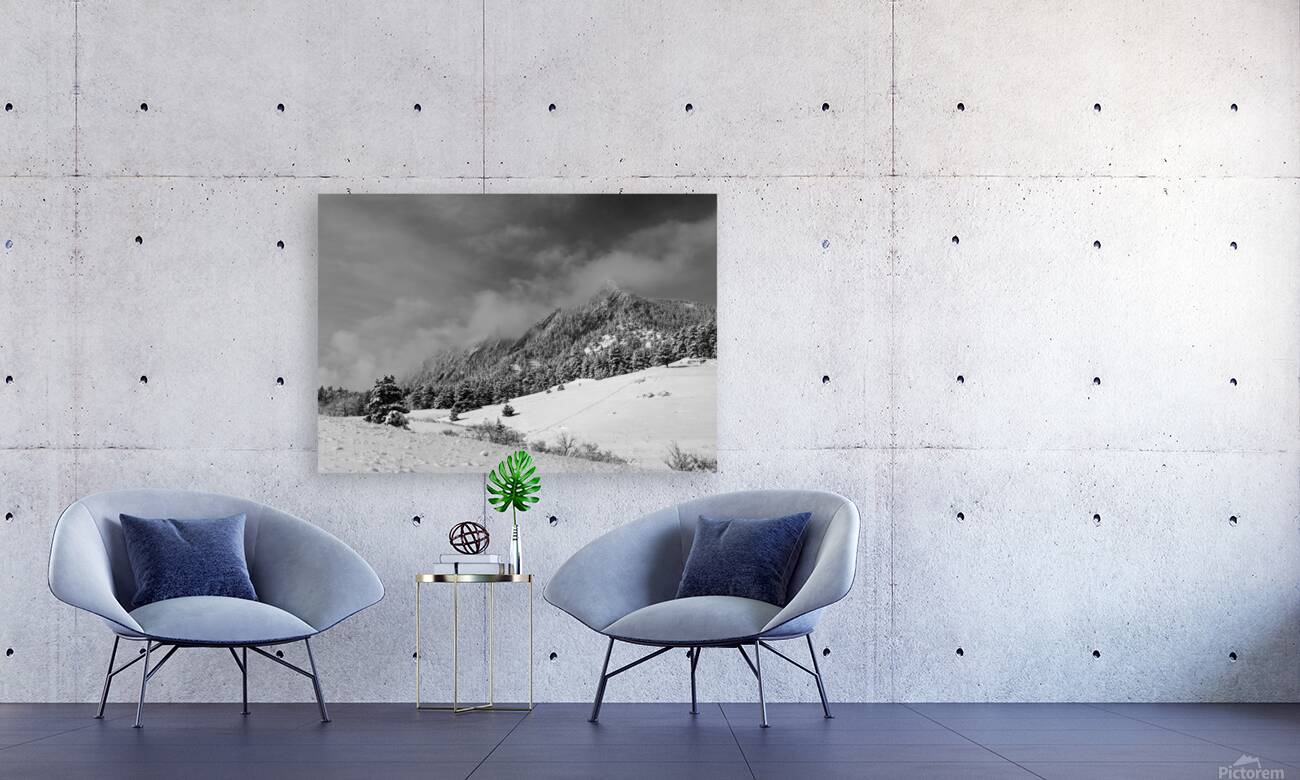 Boulder Colorado Flatirons April Snow In Black and White Reproduction
