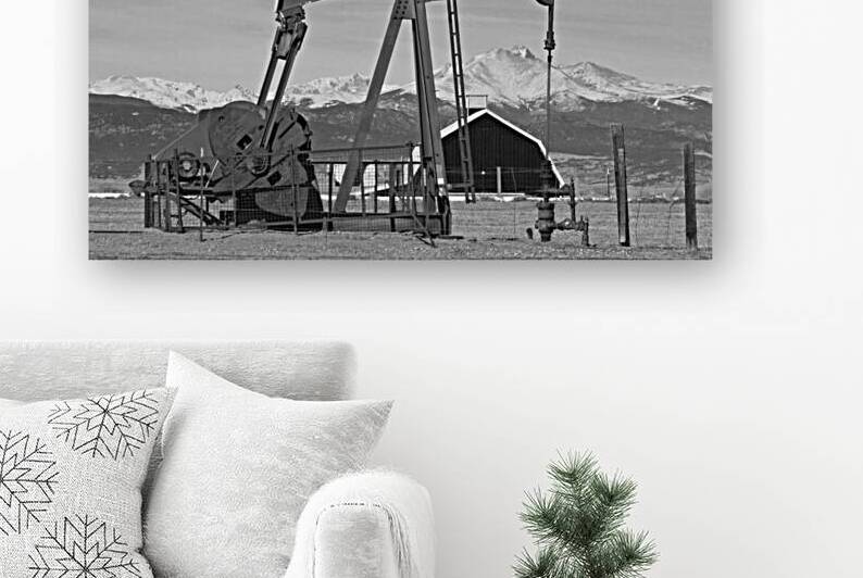 Oil Well Pumpjack Red Barn and Longs Peak BW by Bo Insogna