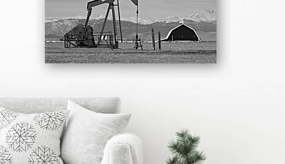 Rocky Mountains Oil Well and Barn Panorama BW by Bo Insogna