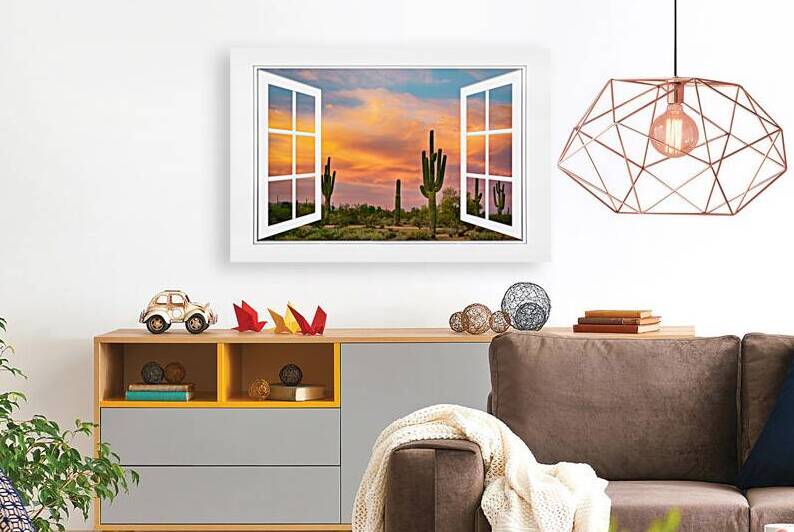 Arizona Saguaro Colorful Sky White Open Window by Bo Insogna