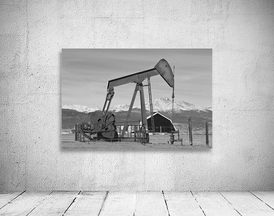Oil Well Pumpjack Red Barn and Longs Peak BW Wall Preview
