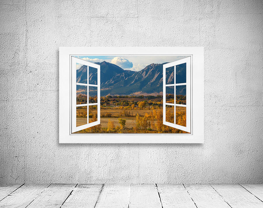 Boulder Flatirons Autumn White Open Window View Wall Preview