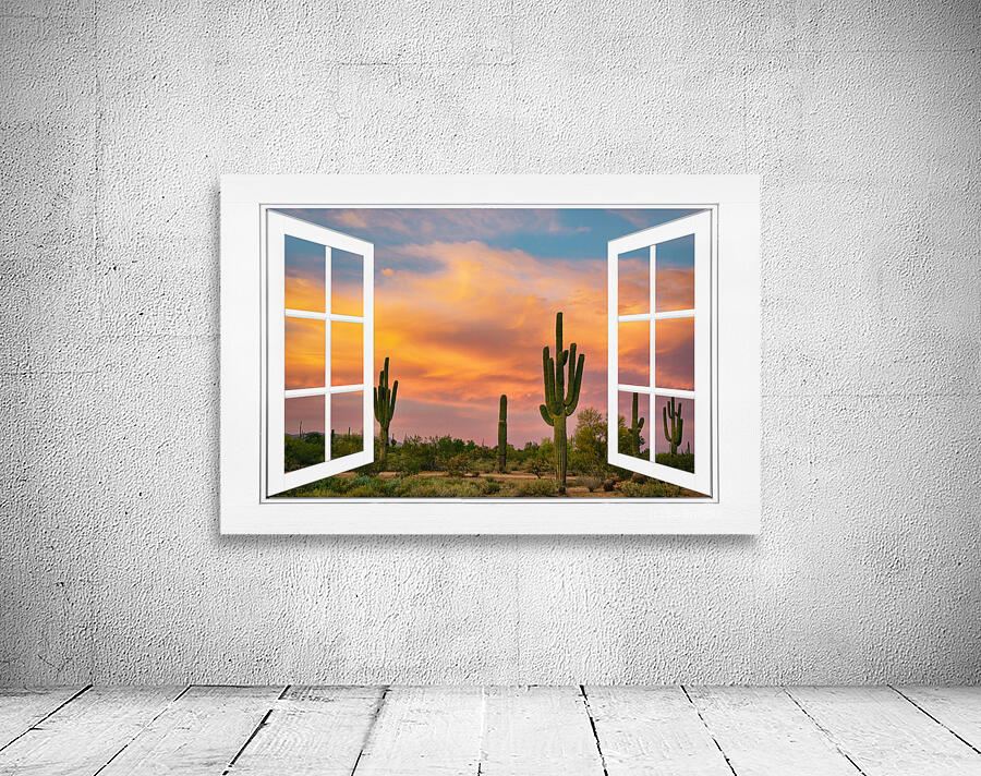 Arizona Saguaro Colorful Sky White Open Window Wall Preview