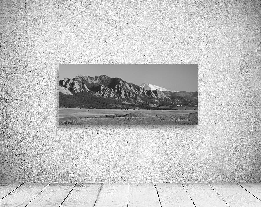 Boulder CO Flatirons Snow Covered Longs Peak Panorama BW Wall Preview