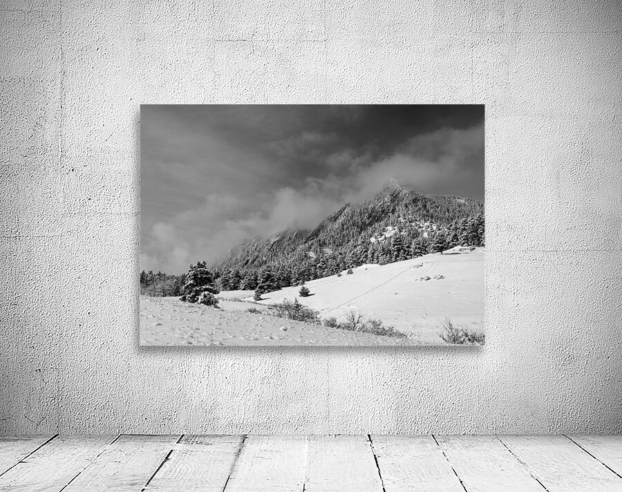 Boulder Colorado Flatirons April Snow In Black and White Wall Preview