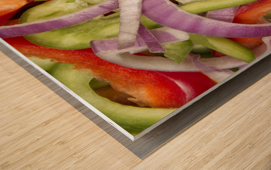 Colorful Peppers and Onions Wood print