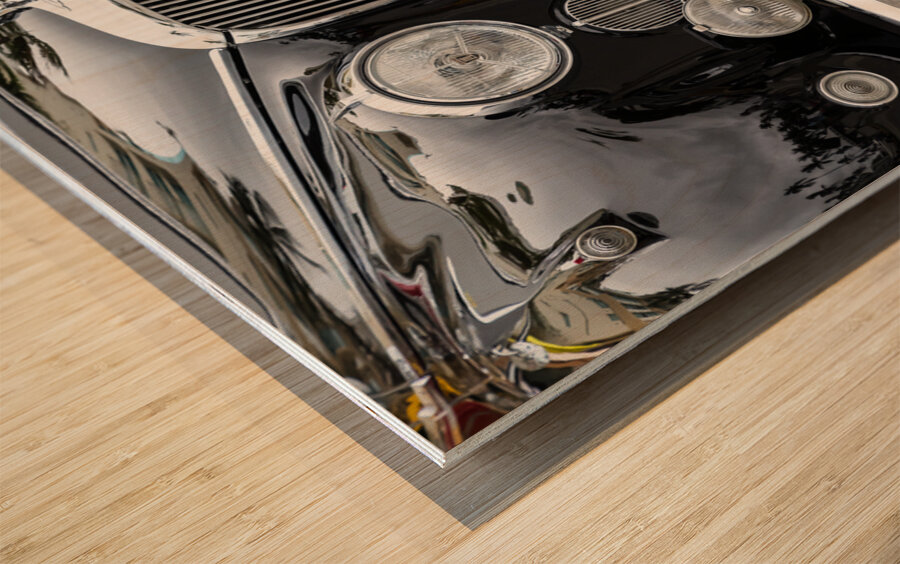 Front End of a Classic Old Black Jaguar Wood print