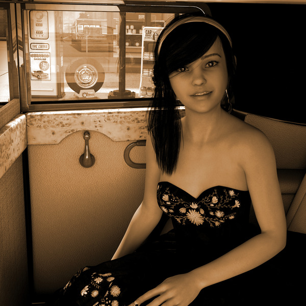Girl In Car at Gas Station - Vintage Sepia Photo  Digital Download