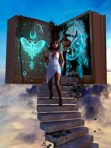 Girl Escaping Demon in Story Book - innocence vs evil Digital Download