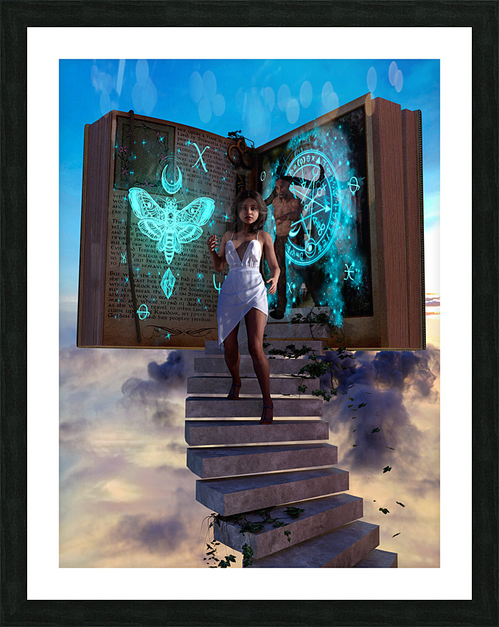 Girl Escaping Demon in Story Book - innocence vs evil Picture Frame print