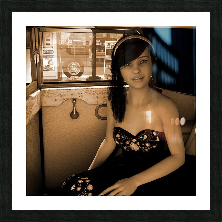 Girl In Car at Gas Station - Vintage Sepia Photo  Picture Frame print