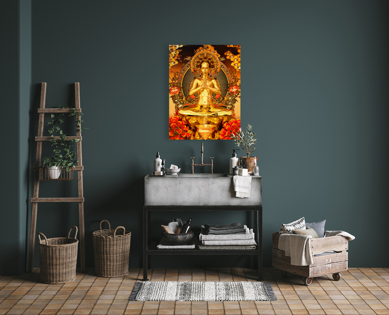 The Buddhista in Gold with gifts - goddess of transcendental wisdom Reproduction