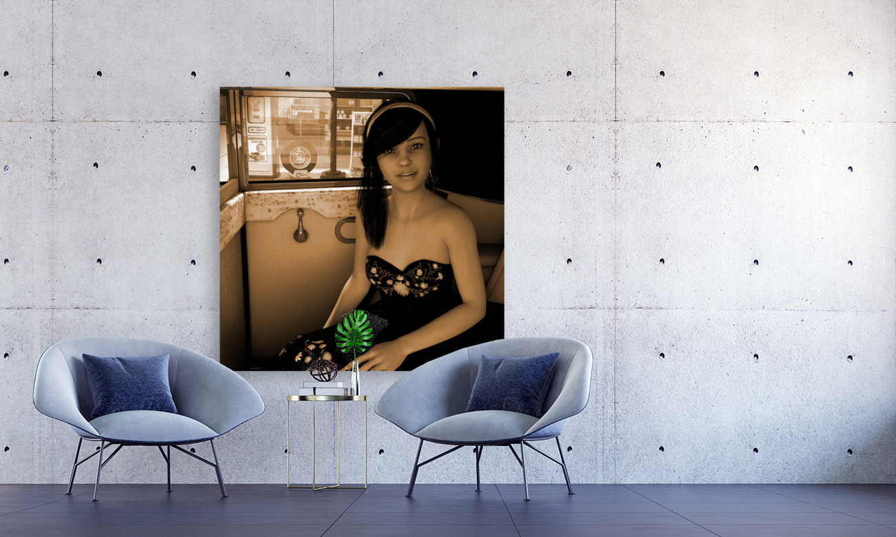 Girl In Car at Gas Station - Vintage Sepia Photo  Reproduction