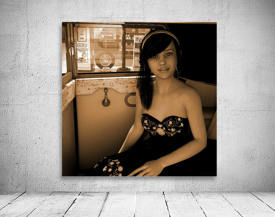 Girl In Car at Gas Station - Vintage Sepia Photo  Wall Preview