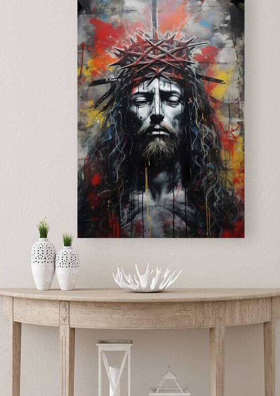 Divine Resilience: Graffiti Portrait of Jesus with Crown of Thorns by Thy Art Studios
