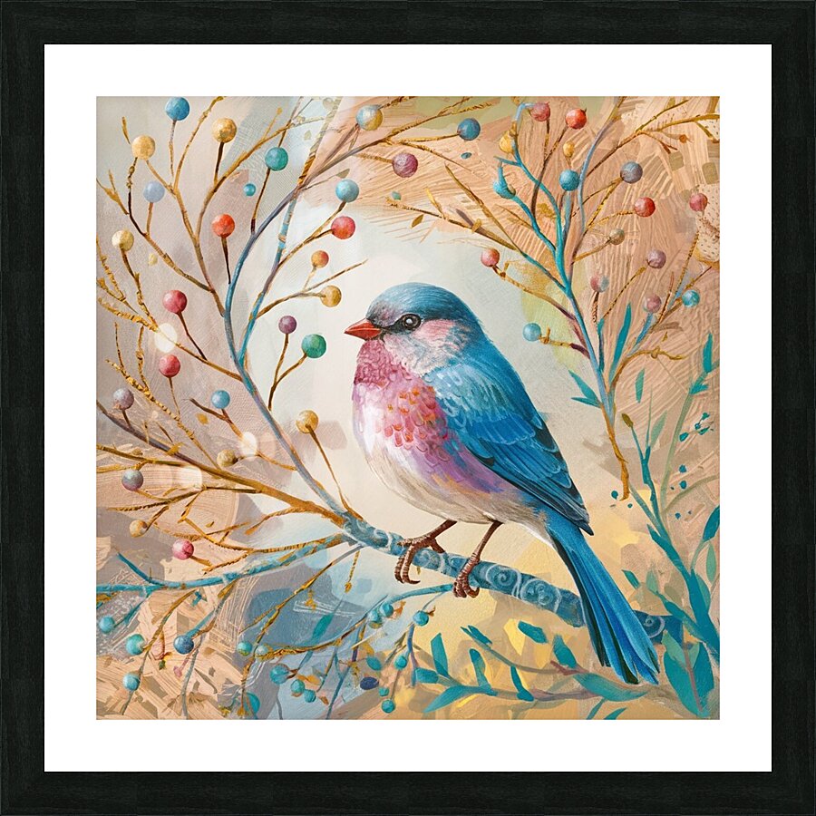 a vibrant and whimsical illustration of a bird pe Picture Frame print