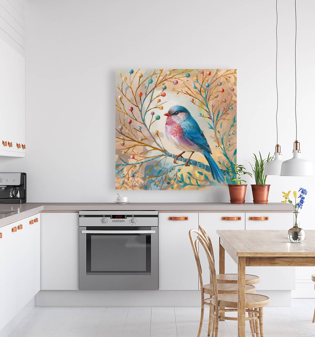 a vibrant and whimsical illustration of a bird pe Reproduction