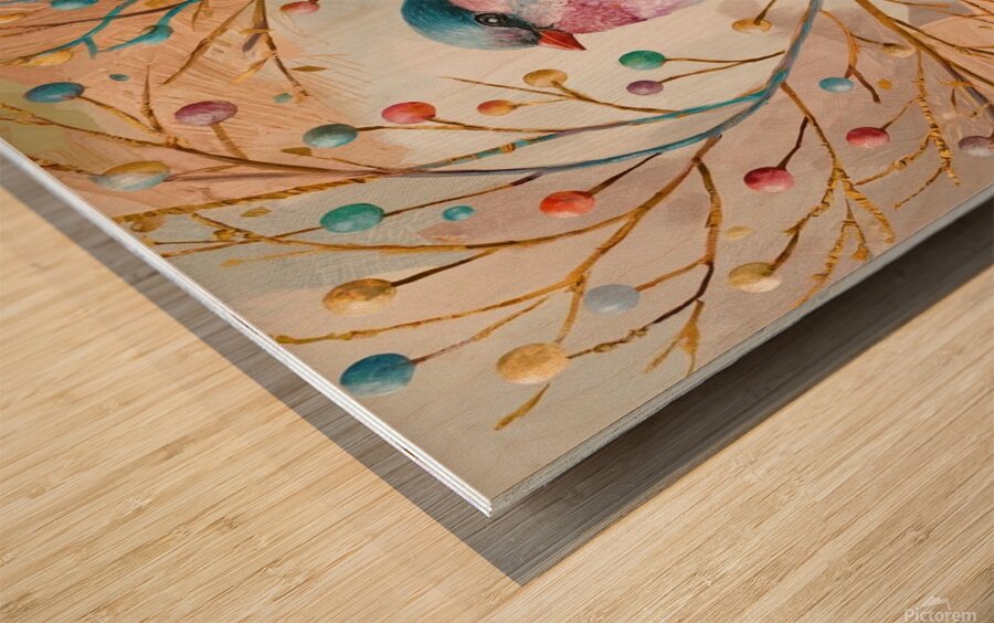 a vibrant and whimsical illustration of a bird pe Wood print