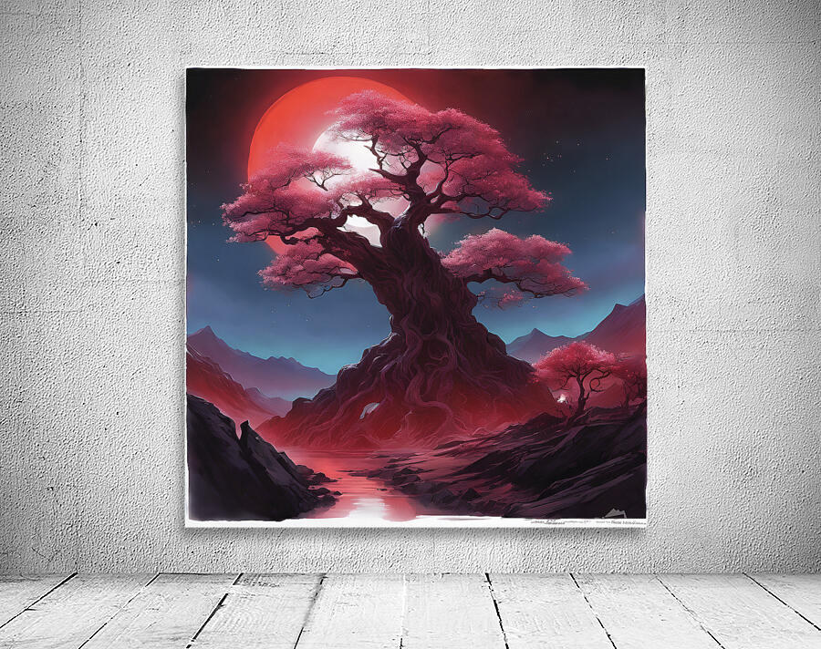 the ethereal beauty of a mystical landscape under the red moonlight Wall Preview