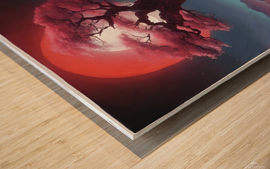 the ethereal beauty of a mystical landscape under the red moonlight Wood print