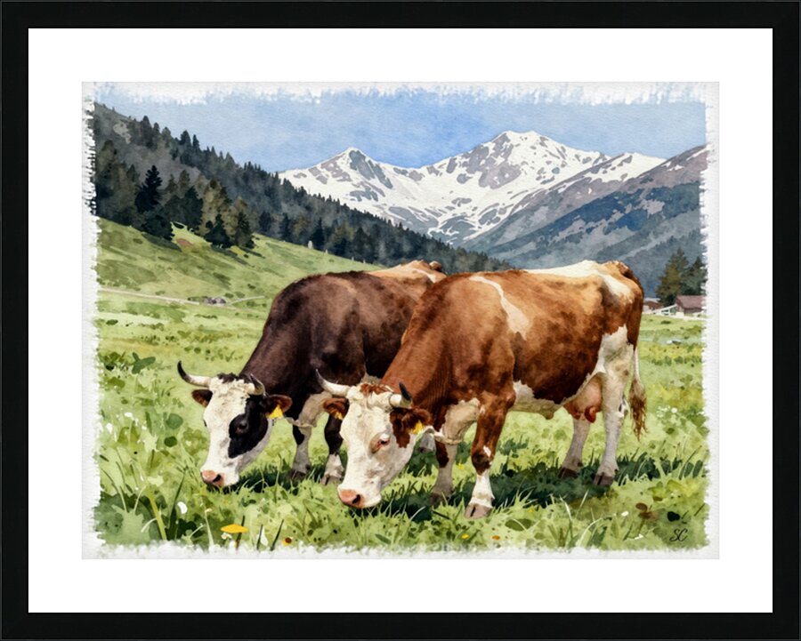  TWO COWS GRAZING Picture Frame print