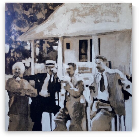 Four Men Standing in front of House 1937 on burlap Riverton 1937 by Caroline Youngblood