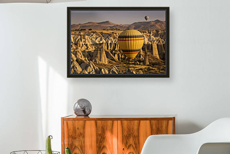 Hot air balloon flying over rock landscape at Cappadocia Turkey by MIRICA DAN-ALEXANDRU