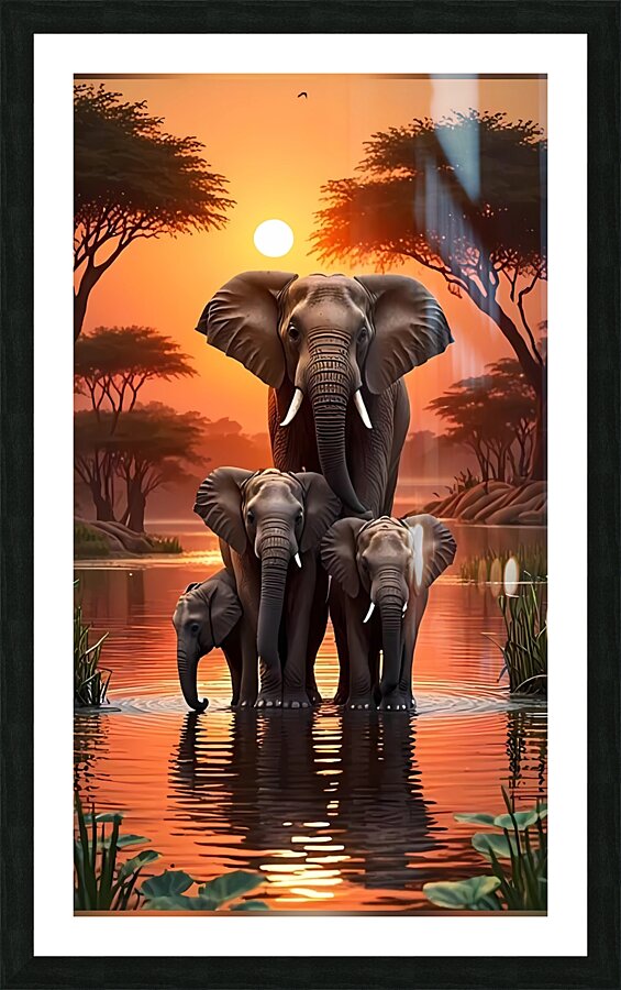 Playful Elephant Herd by the Riverbank Poster – Picture Frame print