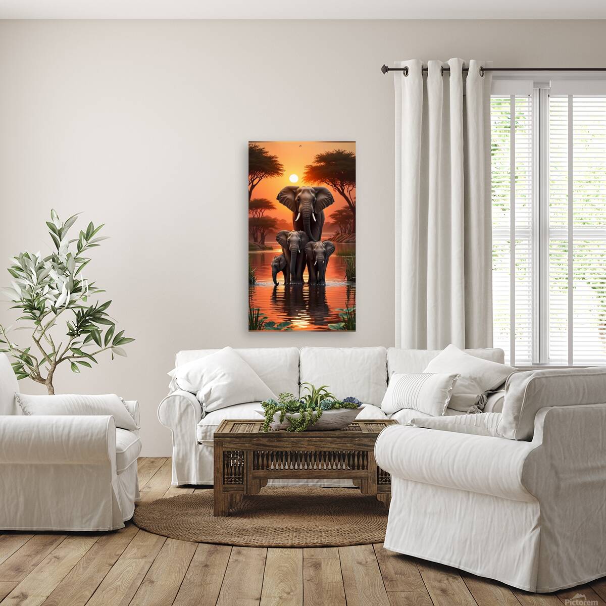 Playful Elephant Herd by the Riverbank Poster – Reproduction