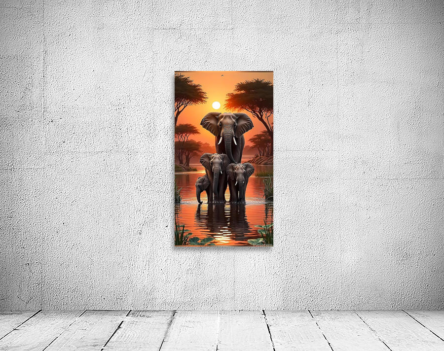 Playful Elephant Herd by the Riverbank Poster – Wall Preview