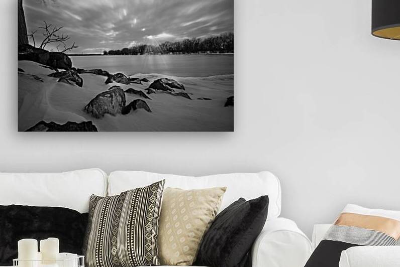 Black and white sunrays over the frozen lake by RezieMart