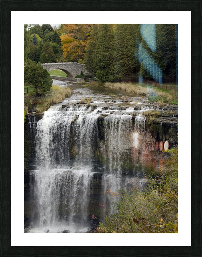 Autumn at the Falls – Stone Bridge and Waterfall Picture Frame print