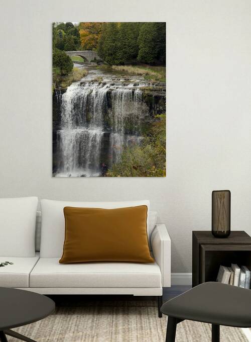 Autumn at the Falls – Stone Bridge and Waterfall Reproduction