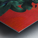 Abstract Green and Blue Lilies on a Red Background Metal print