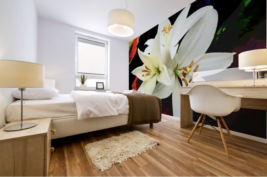  Abstract Trio of White Lilies on a Coloured Distressed Background Mural print