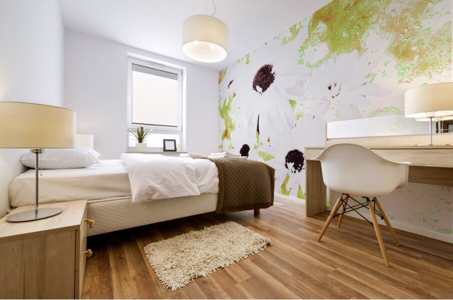  Abstract White Daises on a Green Background Mural print