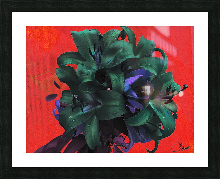 Abstract Green and Blue Lilies on a Red Background Picture Frame print