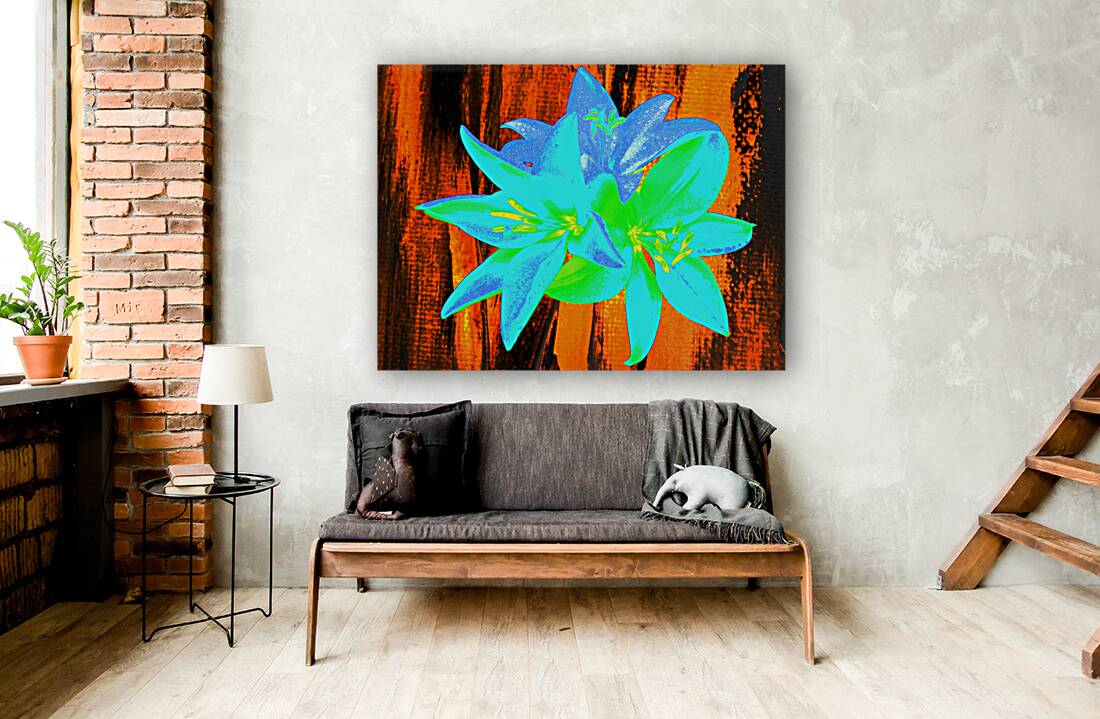 Abstract Vibrant Neon  Trio of Lilies Reproduction