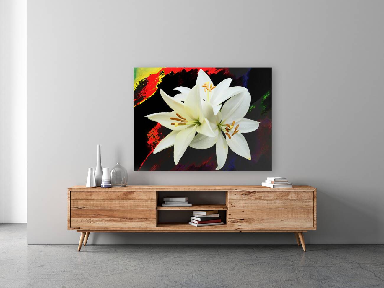  Abstract Trio of White Lilies on a Coloured Distressed Background Reproduction